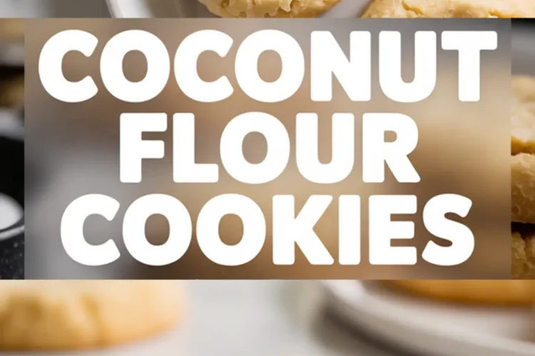 Pinterest collage for coconut flour cookies featuring overhead cookies on a marble plate, bold white text in the center, and a soft-baked cookie with a bite taken out at the bottom.