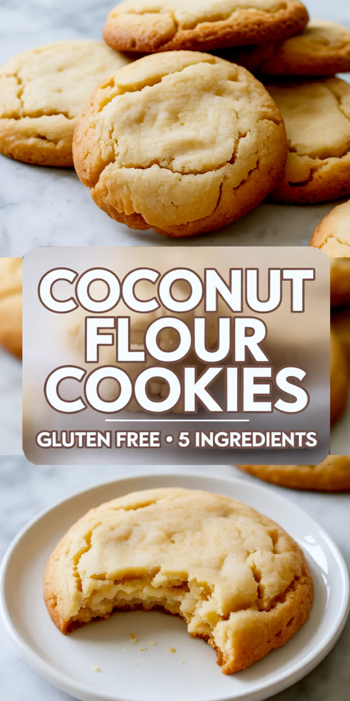 Vertical collage for coconut flour cookies with golden-brown baked cookies at the top, central text highlighting gluten-free and 5-ingredient details, and a soft cookie with a bite taken out on a plate at the bottom.