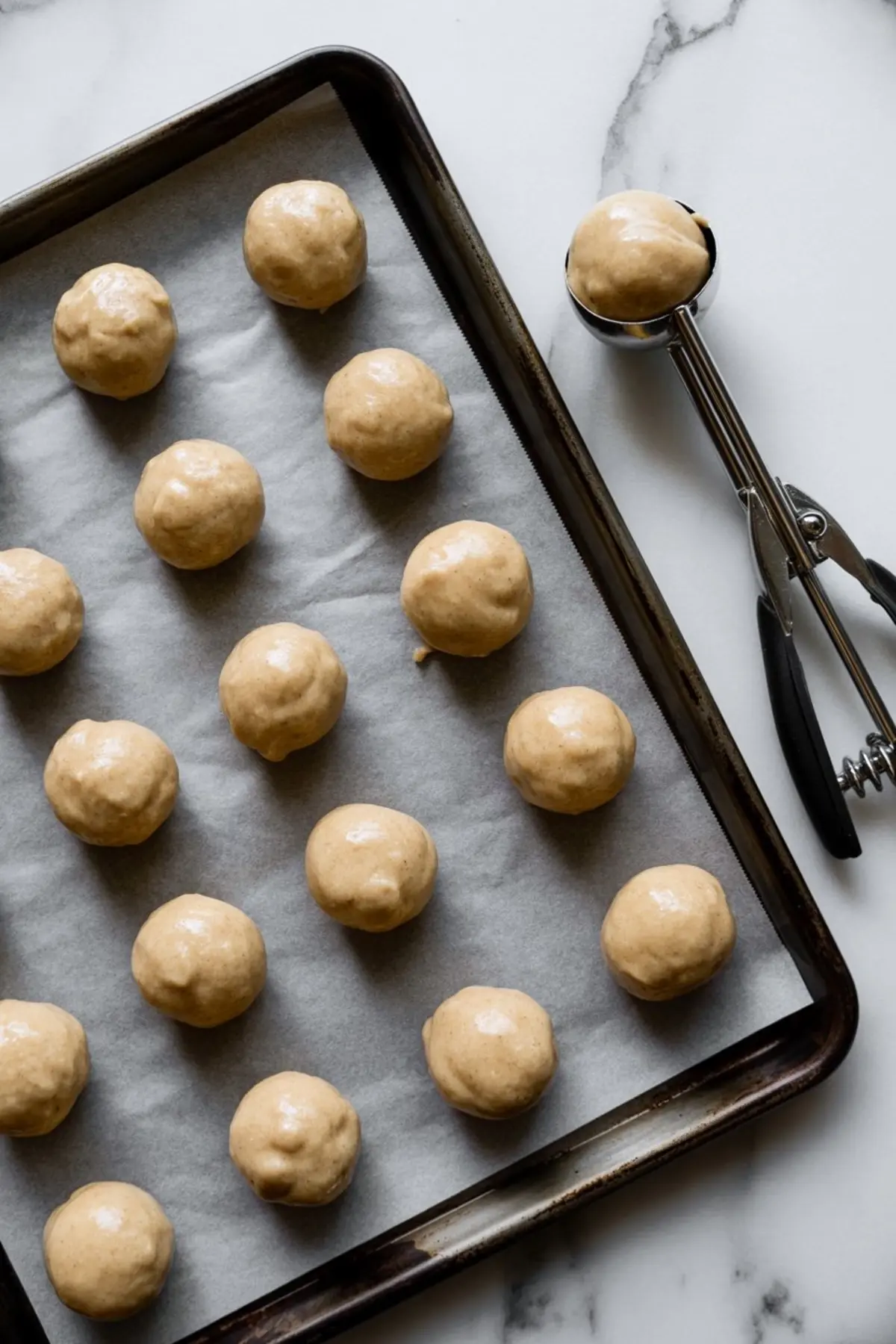 Raw cookie dough balls arranged on a parchment-lined baking sheet with a cookie scoop placed beside it on a white marble surface.