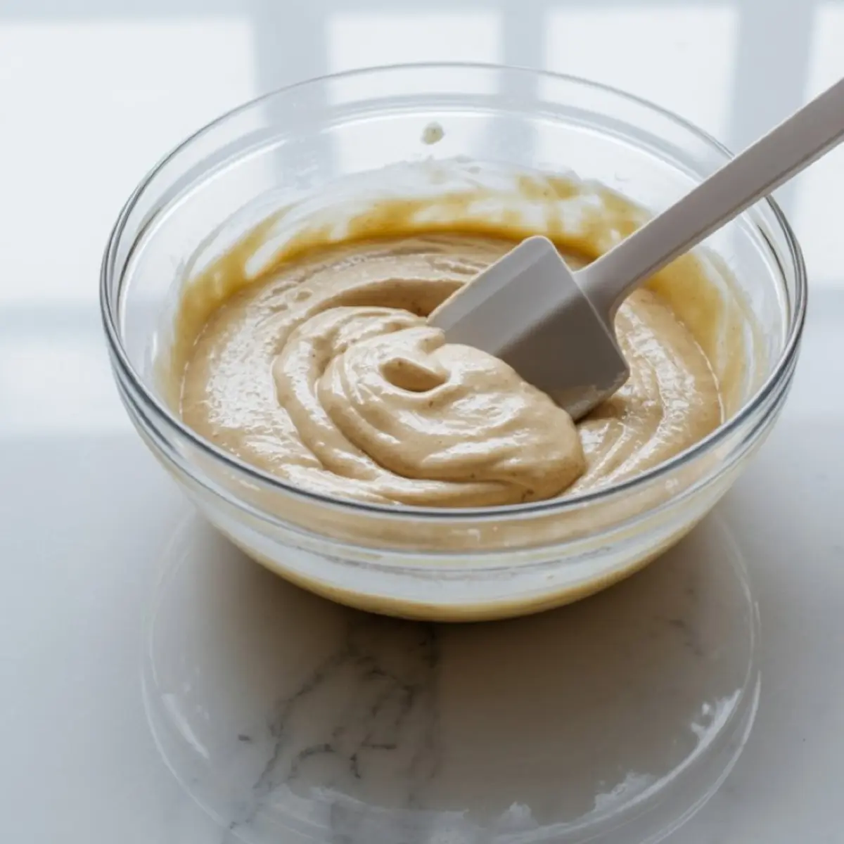 A glass bowl filled with thick pancake batter sits on a white marble counter with a silicone spatula resting inside the smooth creamy mixture.
