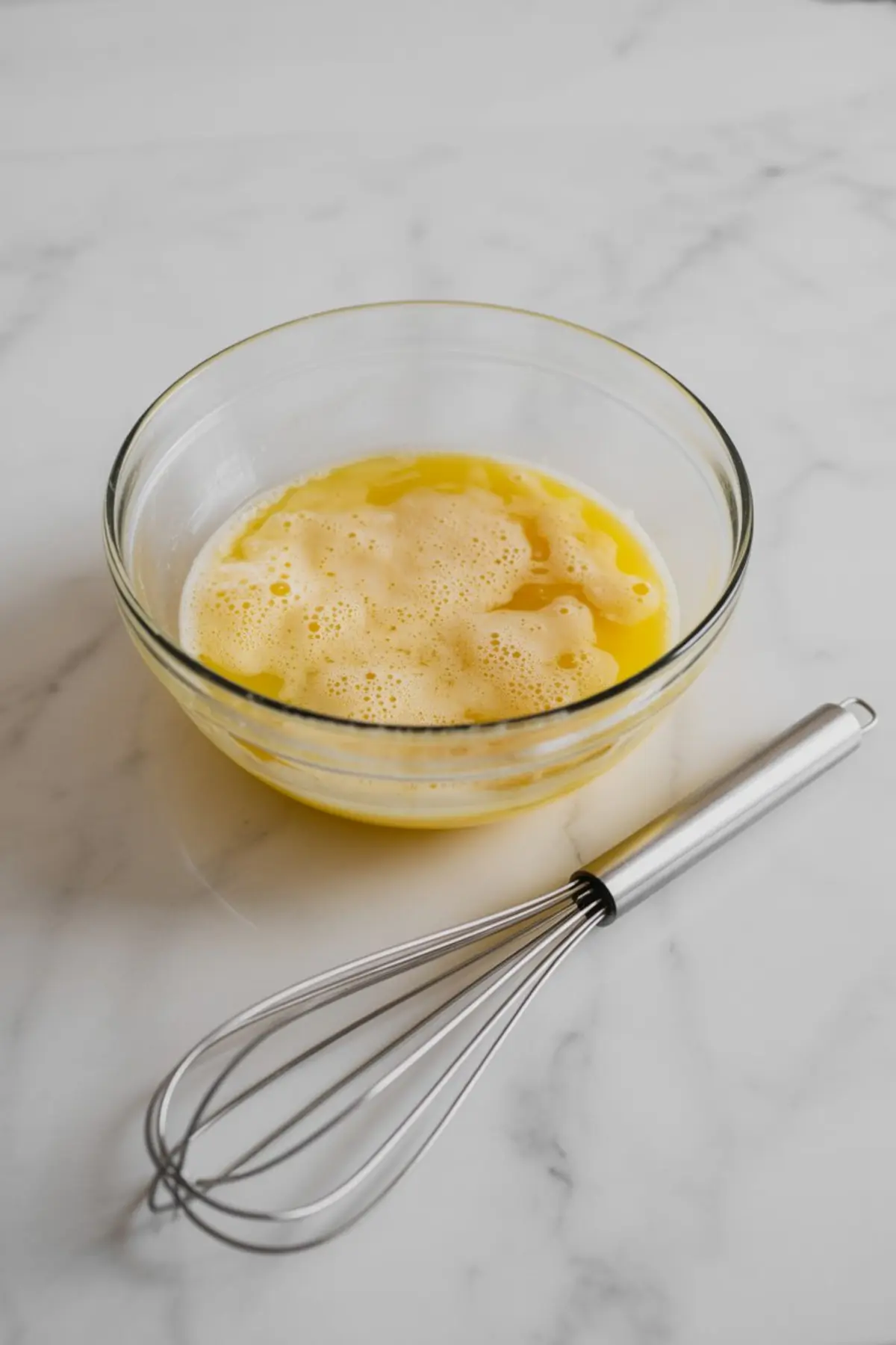 A glass bowl of whisked eggs and melted butter sits on a marble surface with a stainless steel whisk placed beside the bowl.
