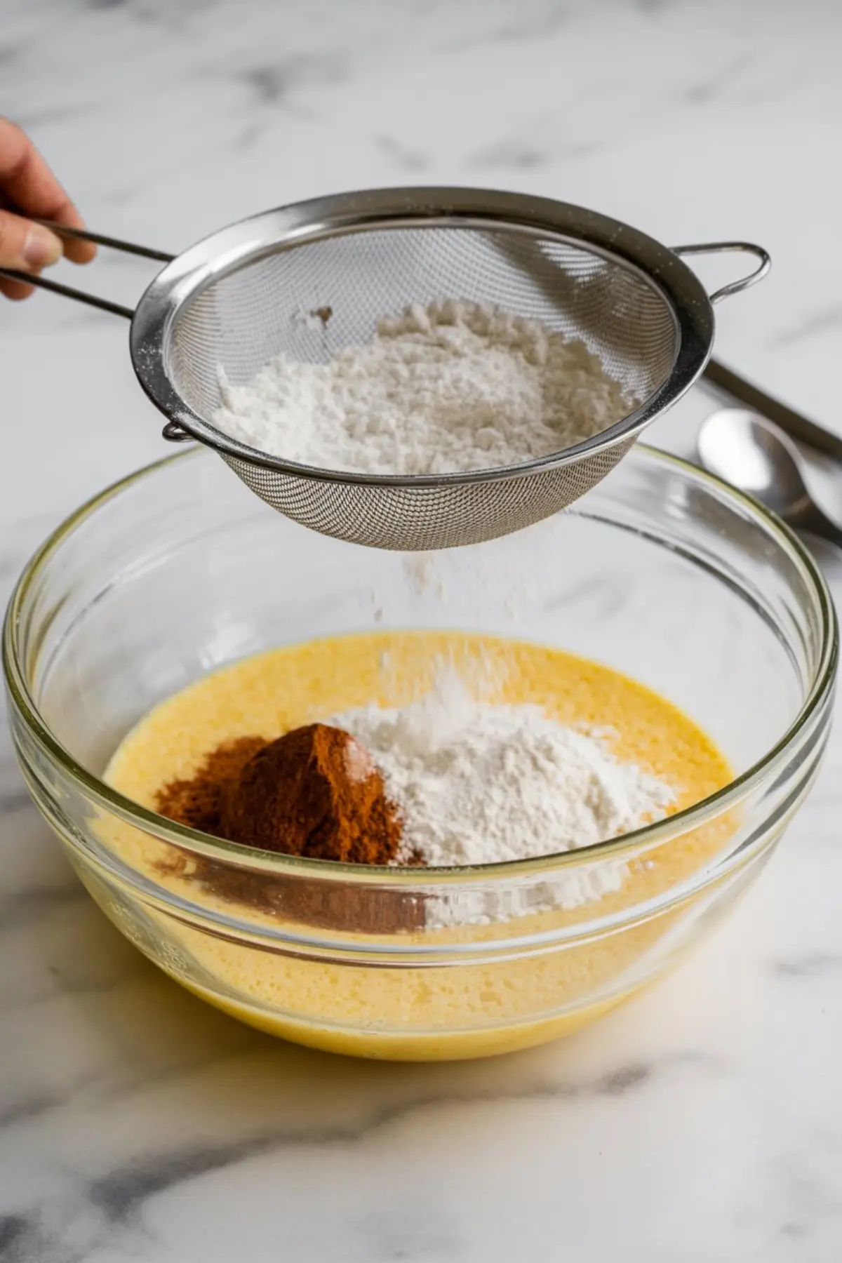 A hand holds a metal sieve shaking flour over a bowl of wet ingredients with visible cinnamon and flour mounds on top of the yellow mixture.
