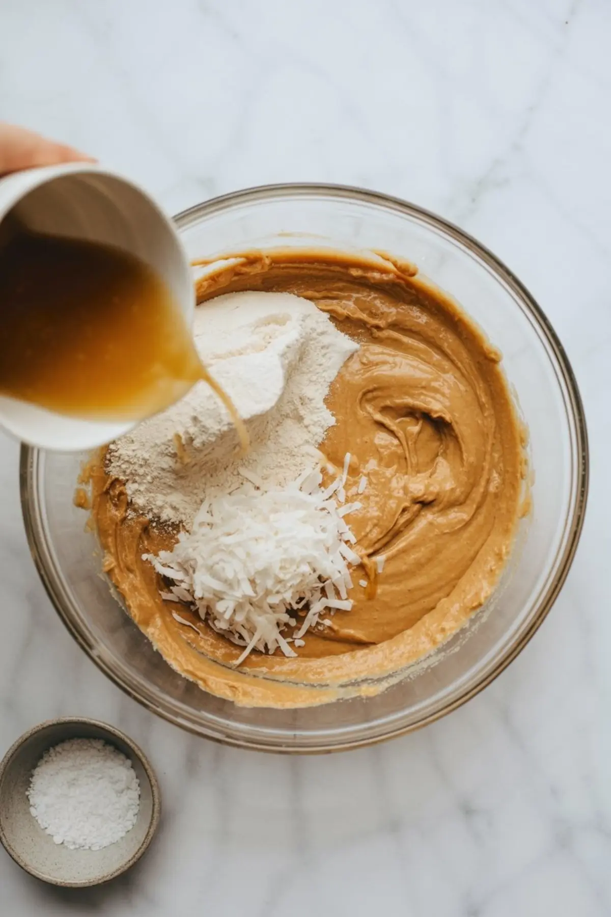 Overhead view of ingredients being combined in a glass bowl. Peanut butter, oat flour, shredded coconut, and maple syrup are being mixed together to prepare the coconut protein bar dough.