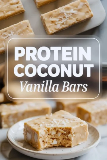 Collage showing protein coconut vanilla bars from preparation to close-up. The top view displays rectangular bars with a coconut topping on a tray. The bottom shows a partially eaten vanilla protein bar on a plate, revealing a soft texture and nutty coconut filling.