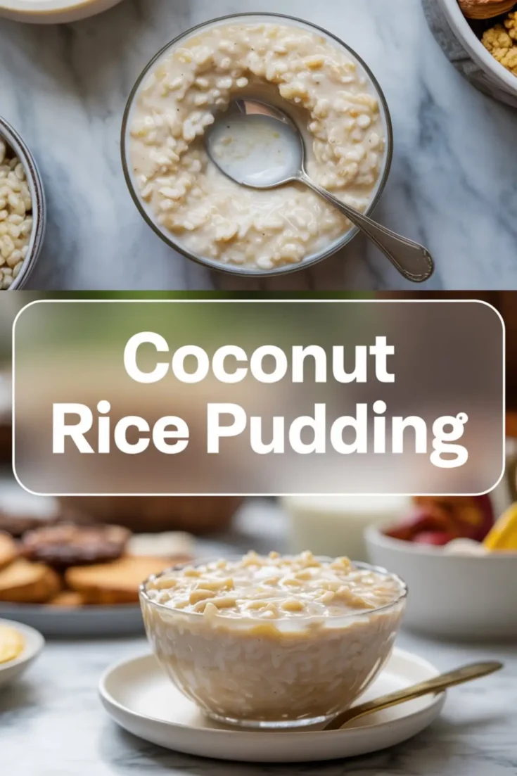 Coconut rice pudding in a clear glass bowl, displayed top-down with a spoon set inside, followed by a wider scene featuring the pudding surrounded by fruits and cookies. The middle section includes bold text “Coconut Rice Pudding” over a blurred background. This image emphasizes homemade dessert presentation and coconut milk-based creamy pudding.