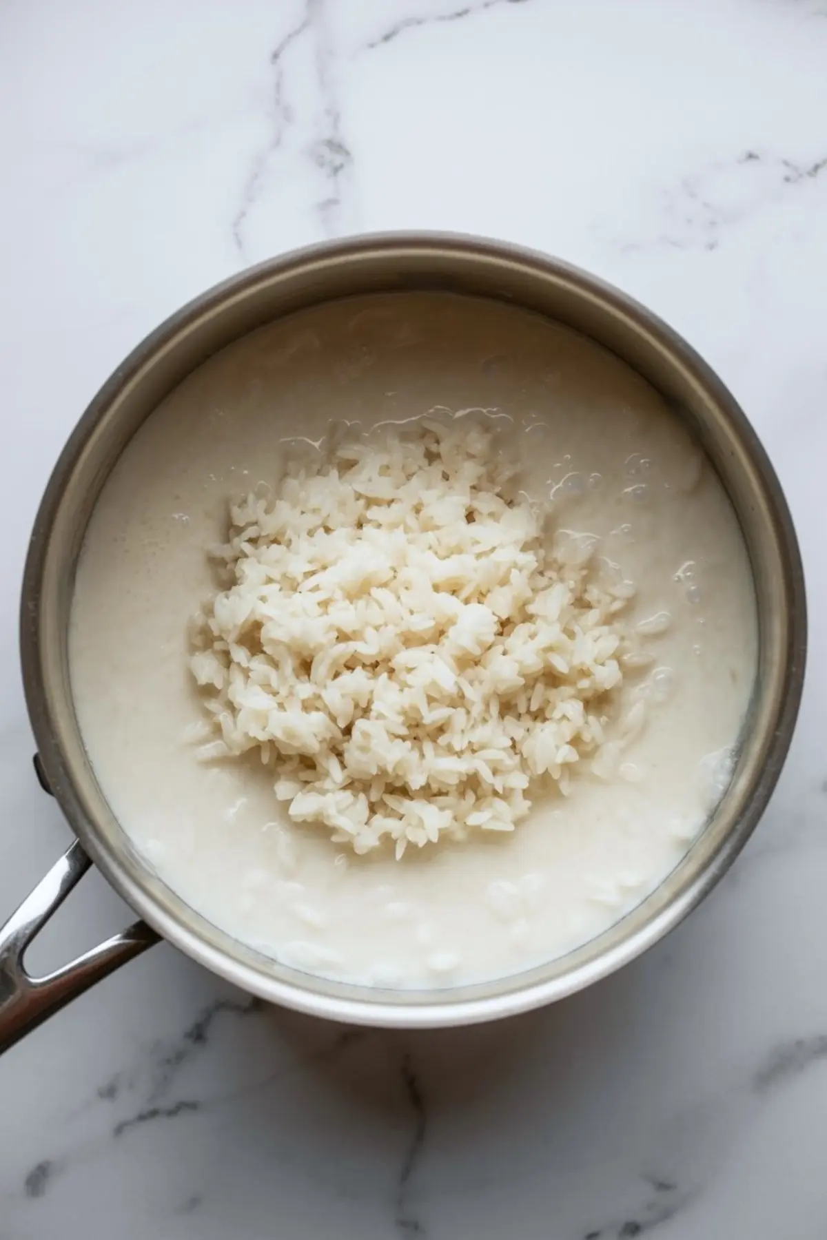 Uncooked coconut rice pudding in a pot, showing a heap of white rice in the center of a milky liquid base. This stage of preparation highlights the beginning of the coconut rice pudding cooking process with rice simmering in sweet coconut milk.
