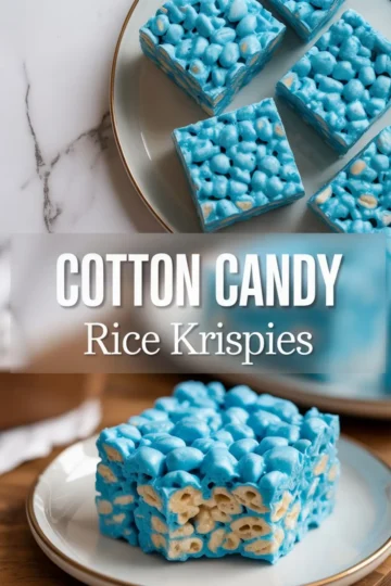 Collage showing bright blue cotton candy rice krispie treats, with one close-up of a single cereal bar on a plate and another overhead view of several squares arranged on a ceramic plate, overlaid with the text “Cotton Candy Rice Krispies.”