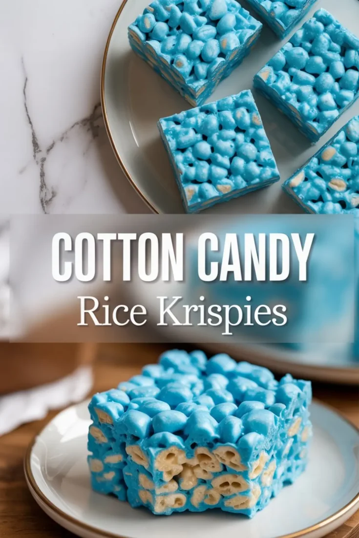 Collage showing bright blue cotton candy rice krispie treats, with one close-up of a single cereal bar on a plate and another overhead view of several squares arranged on a ceramic plate, overlaid with the text “Cotton Candy Rice Krispies.”