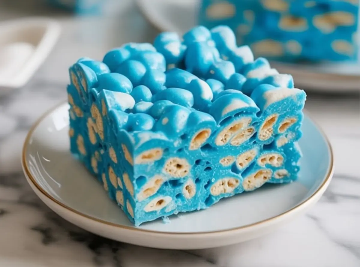 Close-up of a square cotton candy rice krispie treat served on a white plate with golden rim, showing puffed rice cereal coated in bright blue marshmallow mixture.
