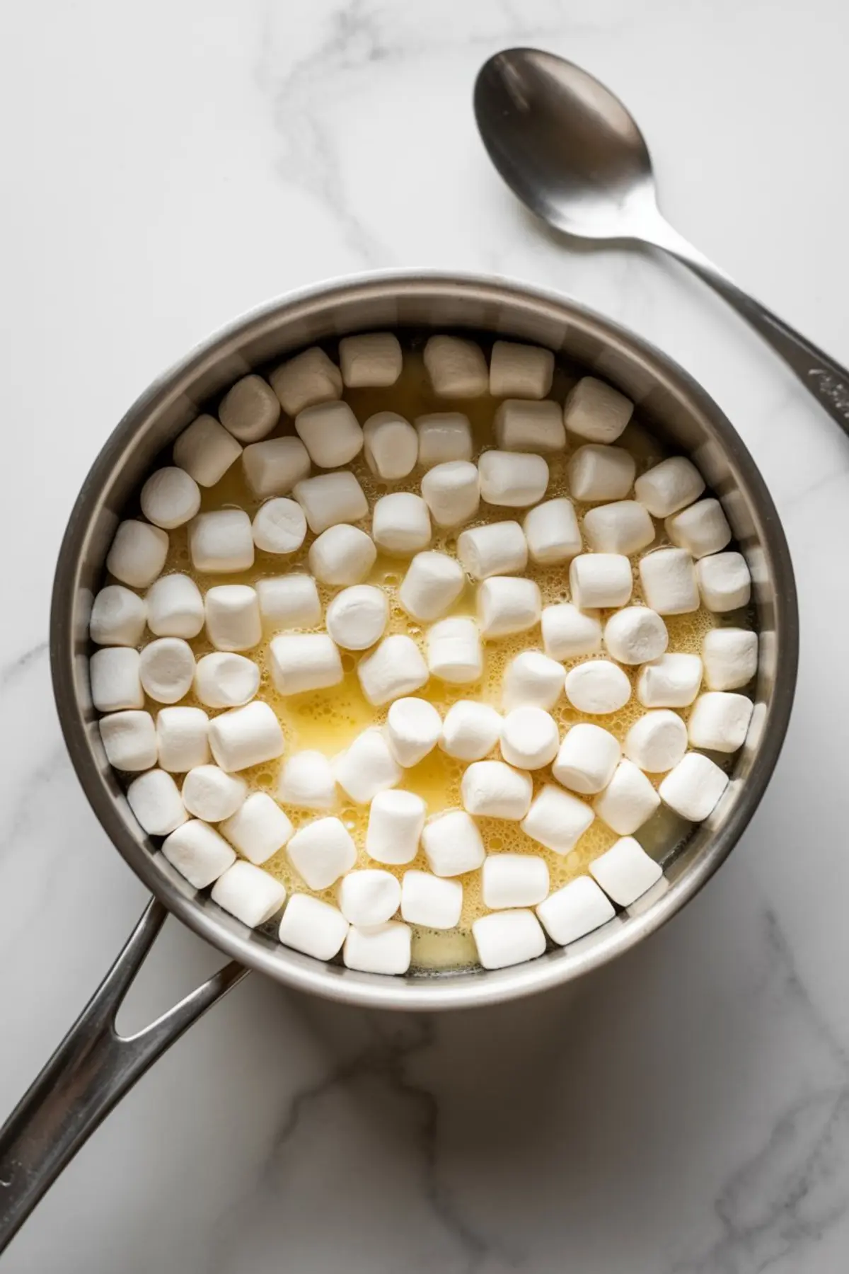 Saucepan filled with mini marshmallows melting in butter, shot from above on a marble counter with a metal spoon placed nearby.
