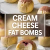 Collage showing cream cheese fat bombs topped with cocoa powder on a marble surface, with one bite revealing a creamy texture and berry filling; bold text overlay reads “Cream Cheese Fat Bombs.”