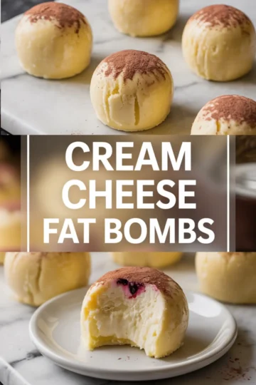Collage showing cream cheese fat bombs topped with cocoa powder on a marble surface, with one bite revealing a creamy texture and berry filling; bold text overlay reads “Cream Cheese Fat Bombs.”
