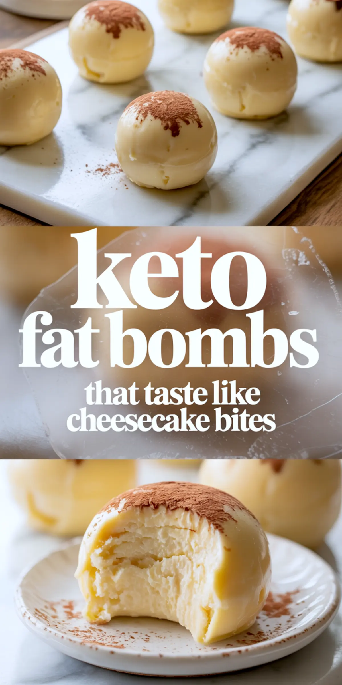 Collage showing keto fat bombs dusted with cocoa powder on a marble tray, and a close-up bite showing rich, creamy cheesecake texture; text overlay reads “Keto fat bombs that taste like cheesecake bites.”