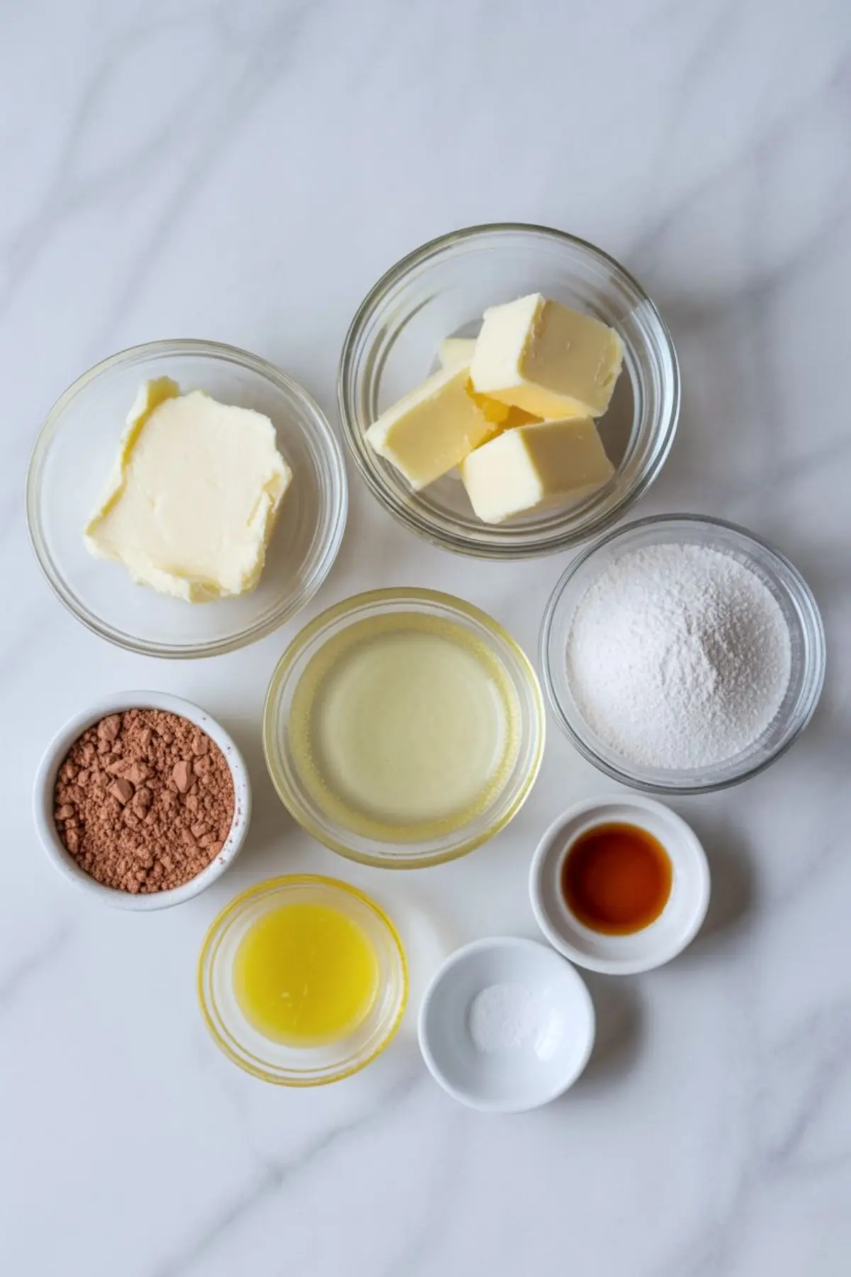 Flat lay of ingredients for cream cheese fat bombs including butter, cream cheese, cocoa powder, powdered sweetener, vanilla extract, and melted coconut oil in glass bowls.