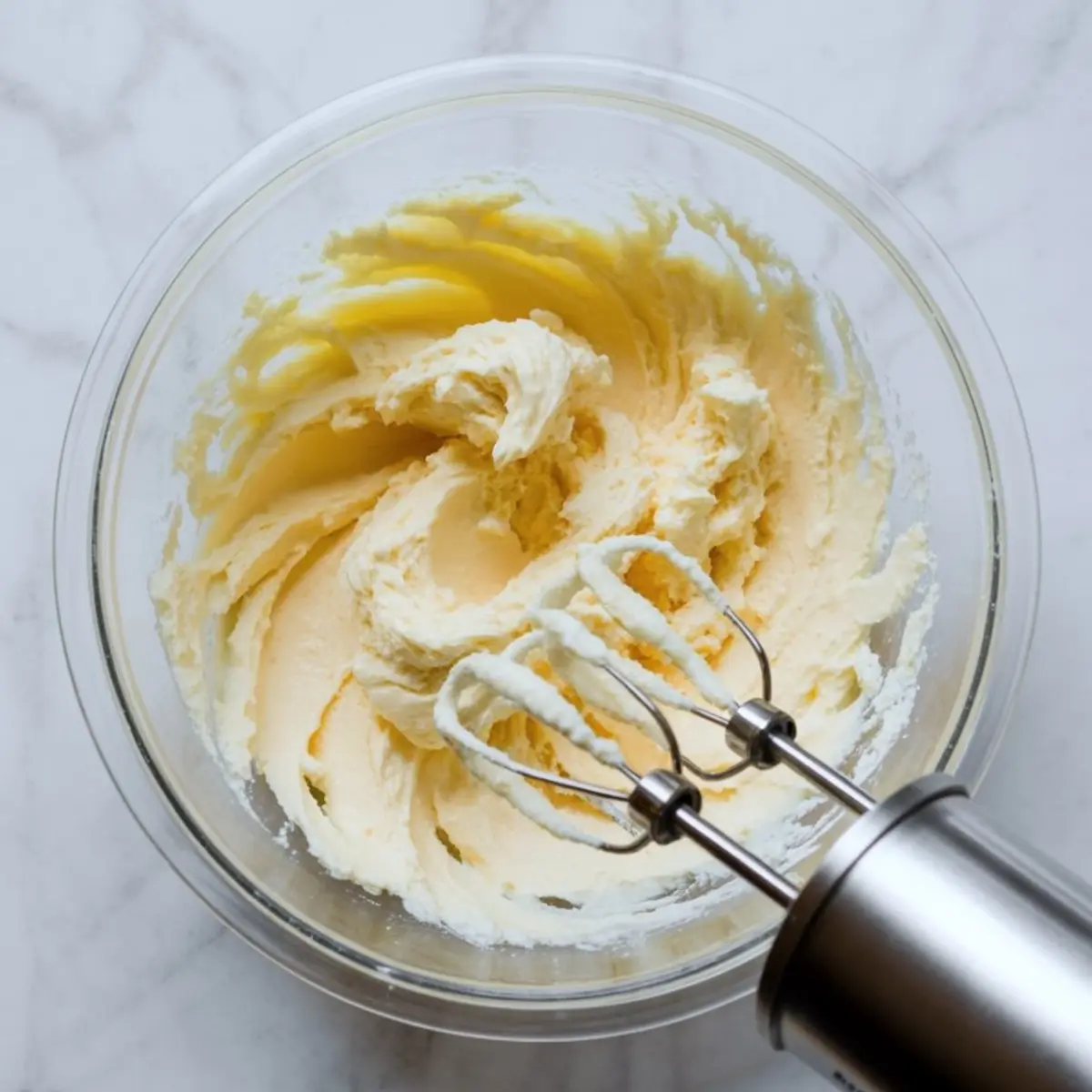 Electric hand mixer with creamy butter and cream cheese mixture in a glass bowl on a marble countertop.