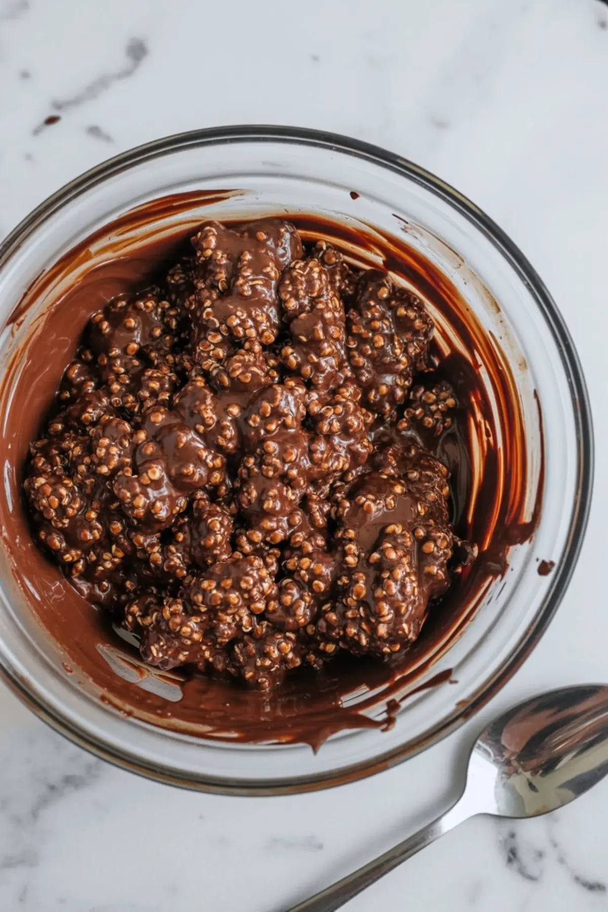 Glass bowl holding dark chocolate quinoa clusters coated in chocolate, crunchy puffed quinoa texture visible throughout, spoon resting beside the bowl, mixture stage for no bake chocolate snacks.
