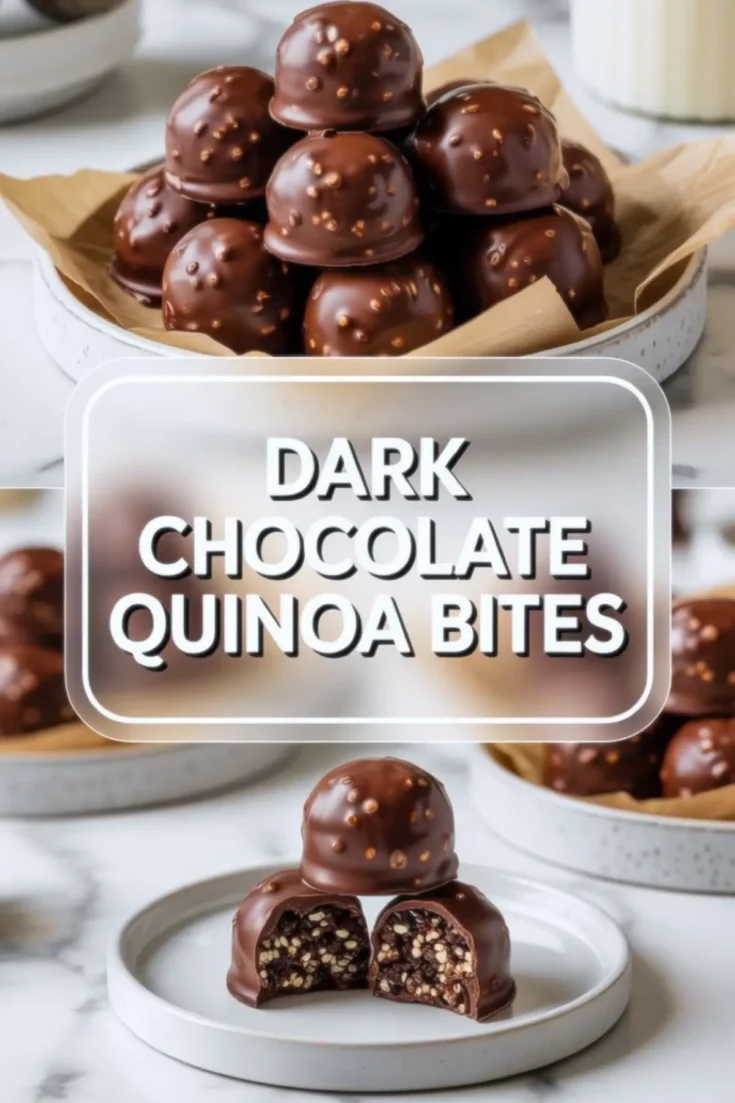 Stack of dark chocolate quinoa bites in a bowl lined with parchment paper, chocolate coated round bites with puffed quinoa texture, one bite cut in half on a plate showing the filling, bold text overlay reading dark chocolate quinoa bites.