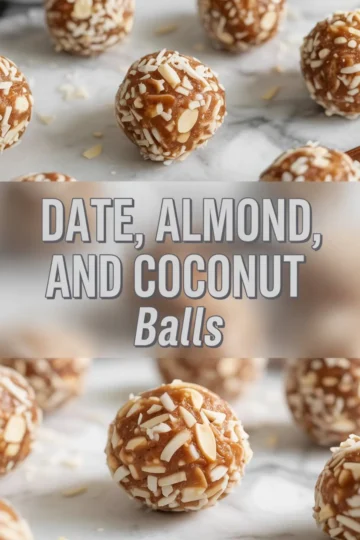 Top-down and close-up view of no-bake date almond coconut balls rolled in shredded coconut, made with natural ingredients and served on a marble surface for a healthy snack idea.