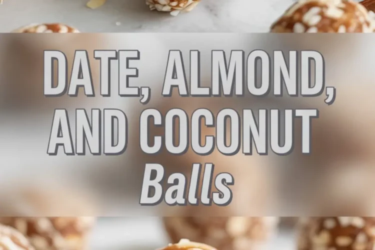 Top-down and close-up view of no-bake date almond coconut balls rolled in shredded coconut, made with natural ingredients and served on a marble surface for a healthy snack idea.