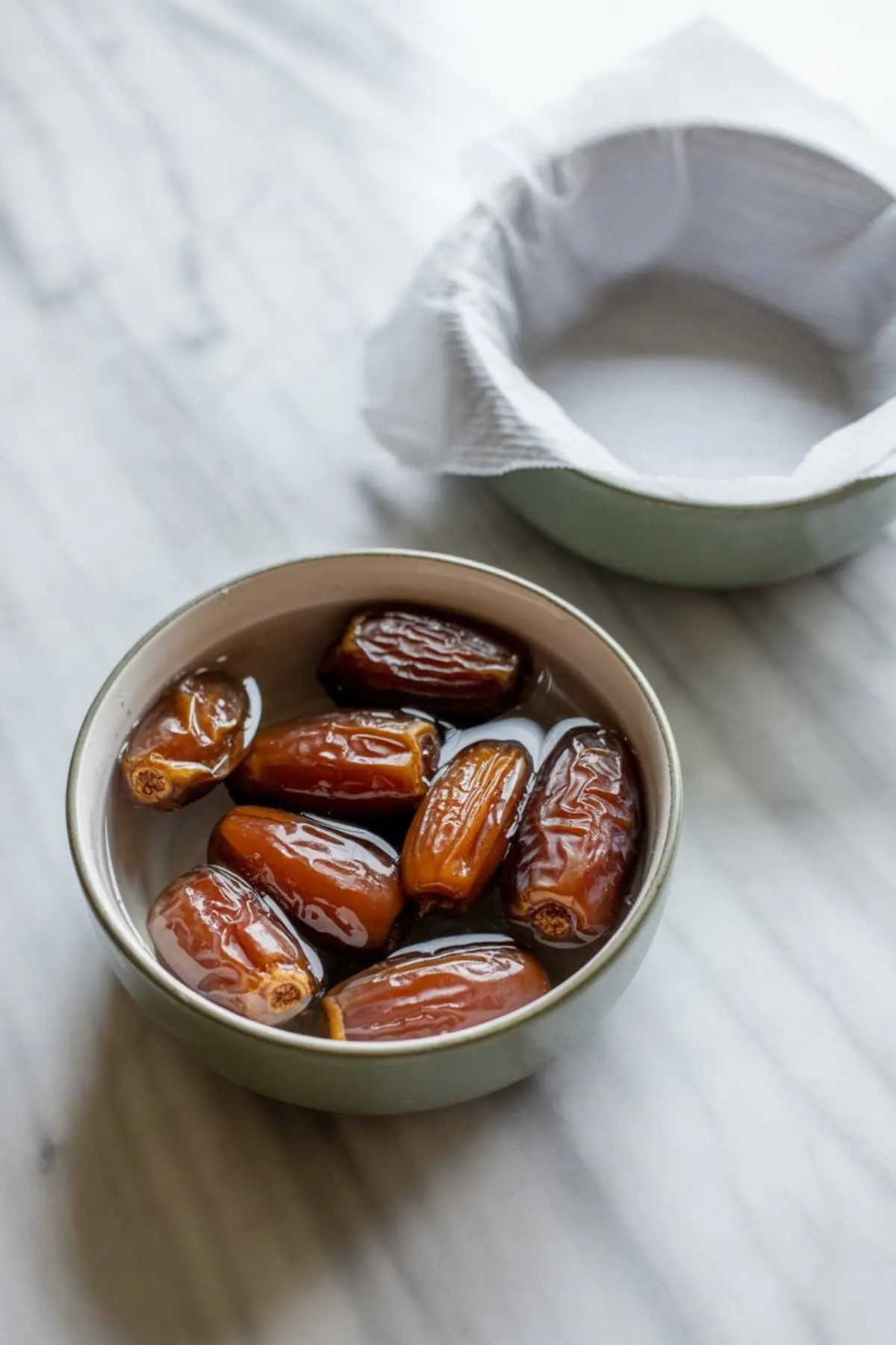 Bowl of whole dates soaking in water on a marble surface, with a lined dish nearby, showing preparation for blending soft dates for energy balls.