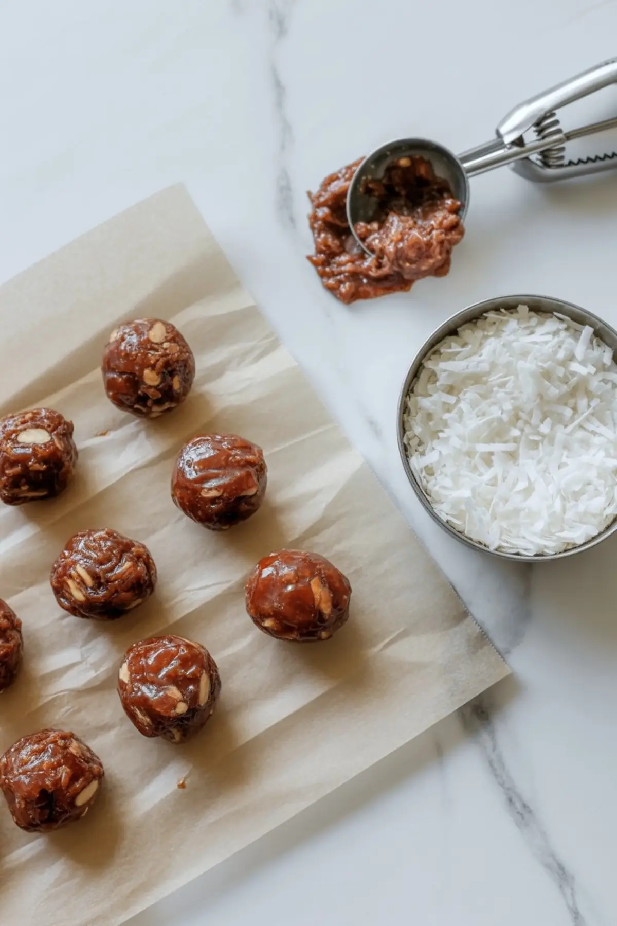 Tray lined with parchment holding rolled date and almond mixture balls next to a small bowl of shredded coconut and a cookie scoop filled with sticky date mixture on a marble countertop.