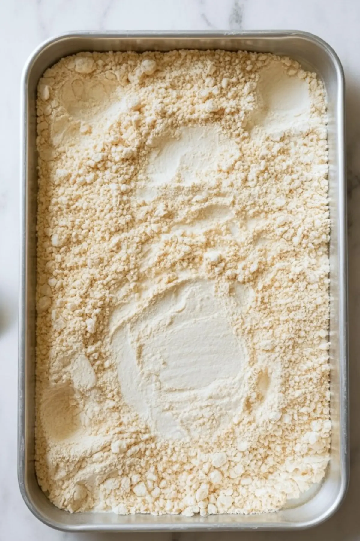 Top view of a baking tray filled with heat-treated flour for safe edible recipes, with visible smooth and crumbly texture on a white marble surface.
