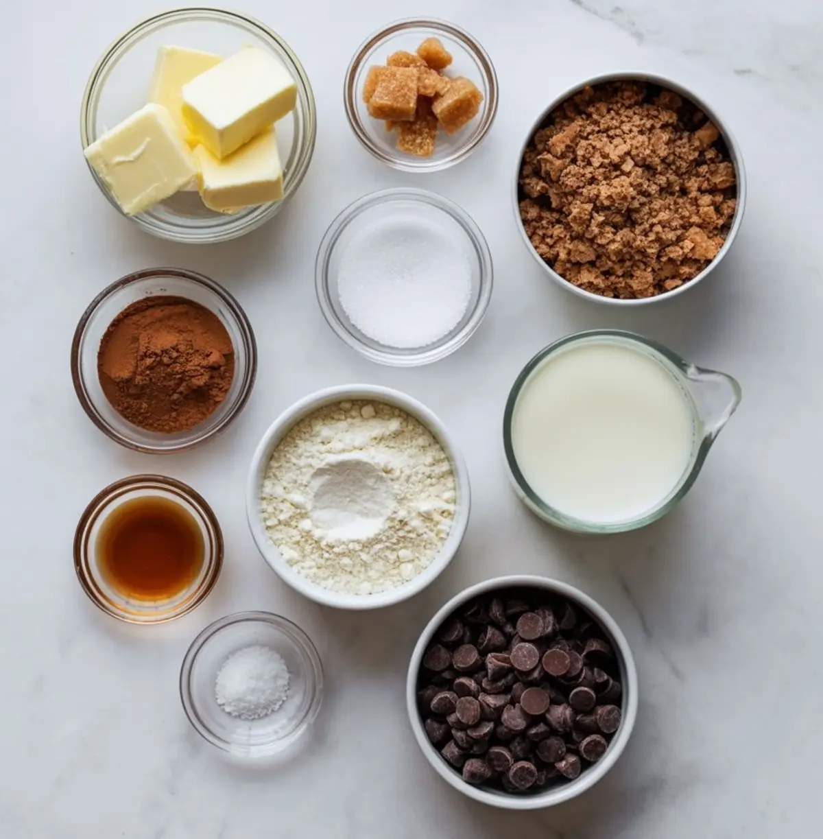 Flat lay of brownie batter ingredients on a marble surface, including butter, powdered sugar, brown sugar, cocoa powder, flour, vanilla extract, baking soda, milk, and chocolate chips.
