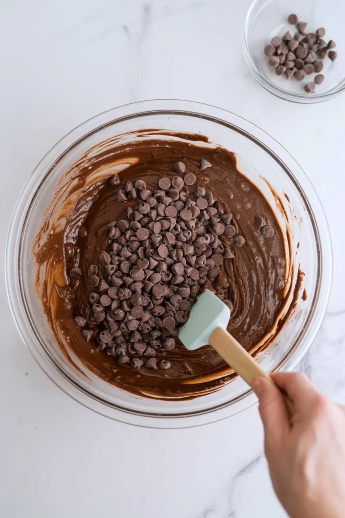 Overhead view of melted chocolate brownie batter being mixed with chocolate chips in a glass bowl, with a silicone spatula held by hand on a white surface.
