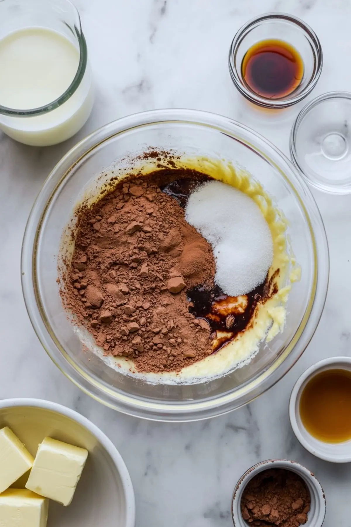 Top view of a mixing bowl filled with sugar, cocoa powder, and melted butter ready to be blended, surrounded by ingredients like milk, vanilla, and extra cocoa powder.
