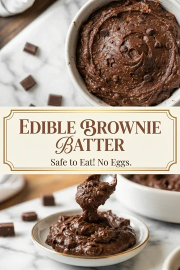 Two-panel collage featuring edible brownie batter in a white bowl and a spoon scooping from a serving dish below, surrounded by scattered chocolate chunks. Decorative label in the center says “Edible Brownie Batter - Safe to Eat! No Eggs.”