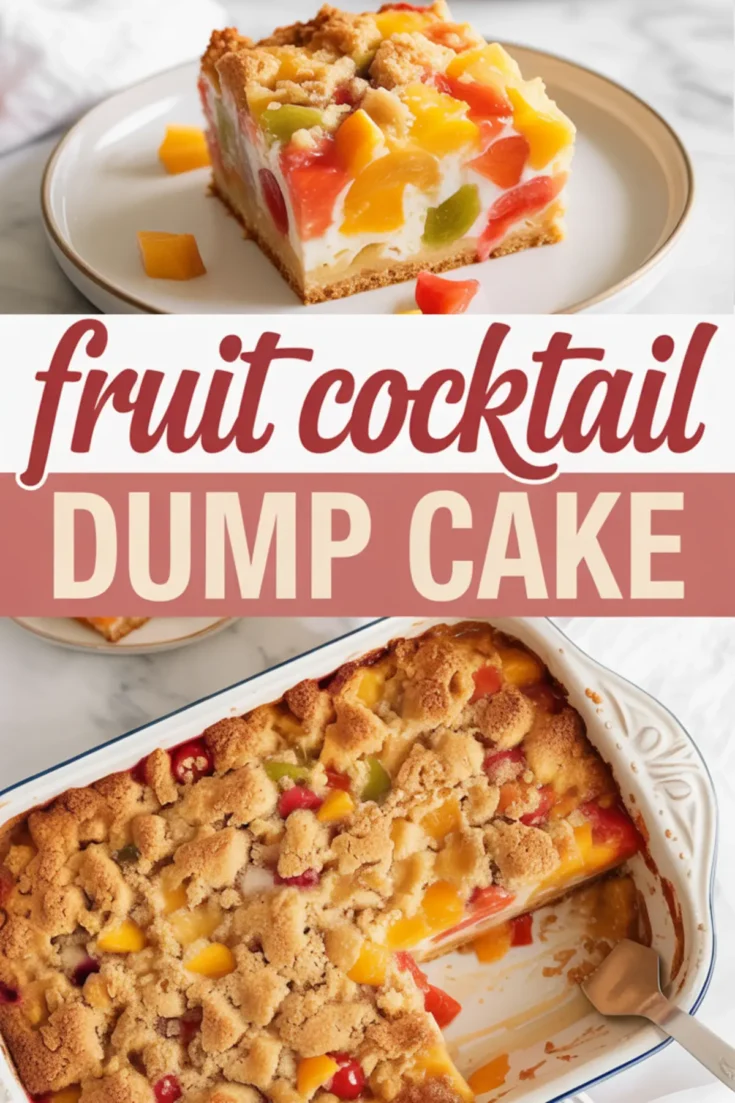 Vertical collage showing a slice of fruit cocktail dump cake on a plate at the top, bold text reading fruit cocktail dump cake in the center, and a baking dish filled with golden crumb-topped fruit dessert with a serving spoon at the bottom.