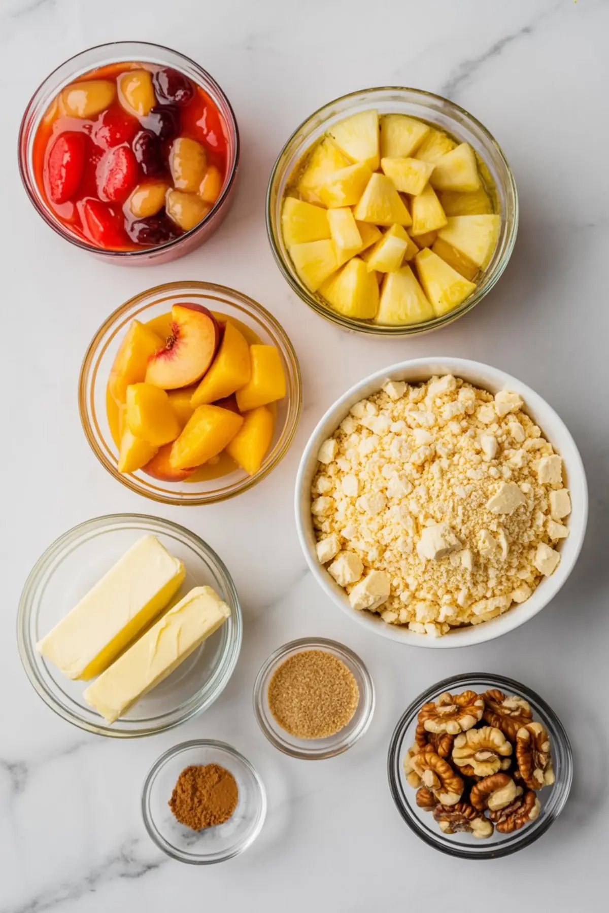 Flat lay of fruit cocktail dump cake ingredients arranged in glass bowls, including canned fruit cocktail, pineapple chunks, sliced peaches, cake mix crumbs, butter sticks, brown sugar, cinnamon, and chopped walnuts on a marble background.
