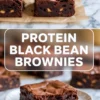 A vertical food collage shows fudgy black bean brownies with a crackled chocolate top and dense interior, overlaid text reads protein black bean brownies, gluten free high protein dessert bars on a marble surface.