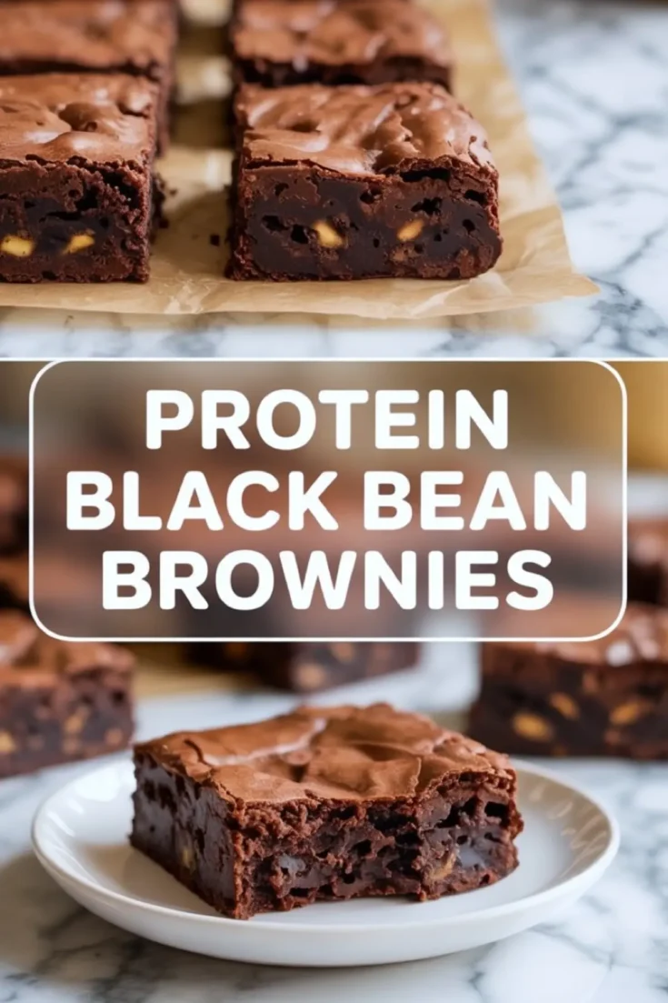 A vertical food collage shows fudgy black bean brownies with a crackled chocolate top and dense interior, overlaid text reads protein black bean brownies, gluten free high protein dessert bars on a marble surface.