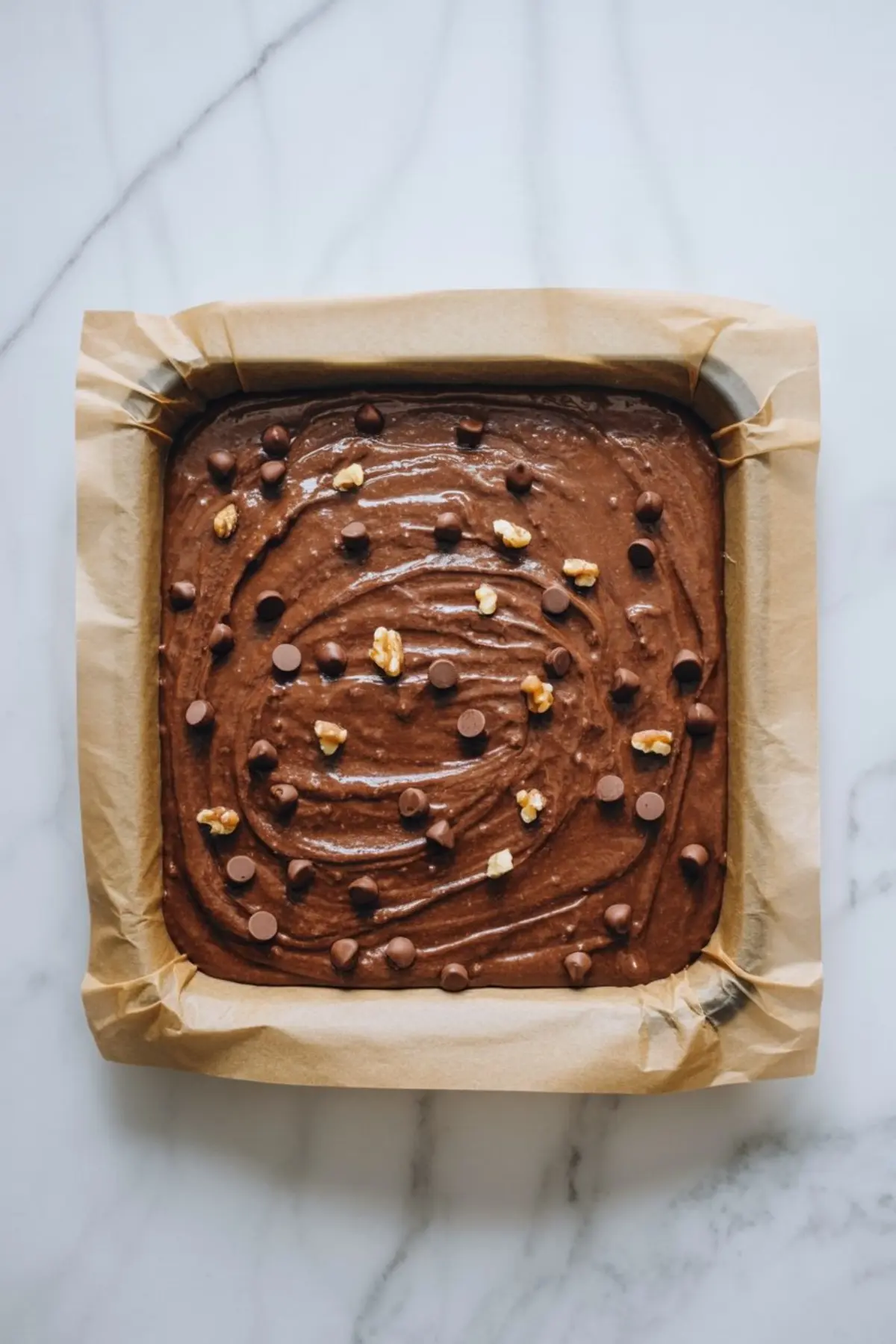 An overhead view shows unbaked chocolate brownie batter spread in a parchment lined square pan, topped with chocolate chips and walnut pieces on a white marble counter.
