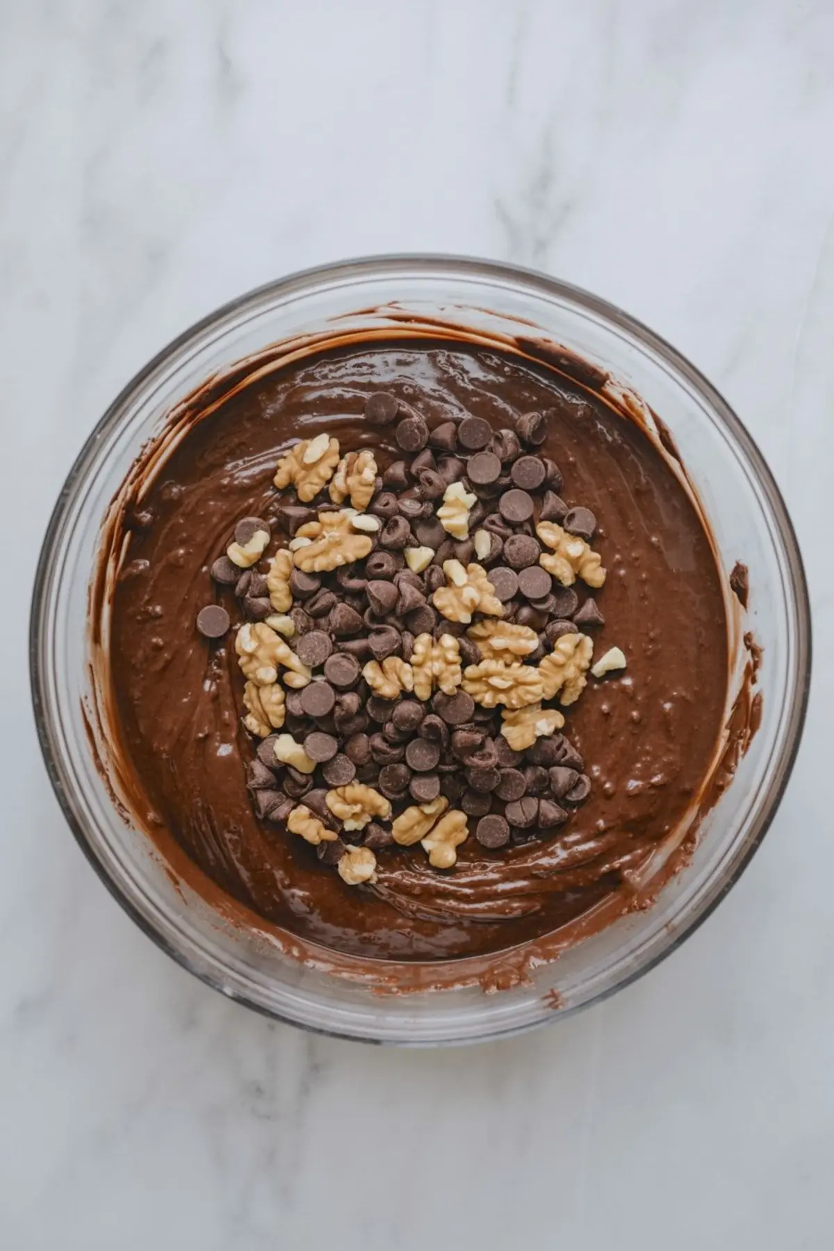 A glass mixing bowl holds thick chocolate brownie batter with chocolate chips and chopped walnuts folded in, photographed from above on a light marble background.

