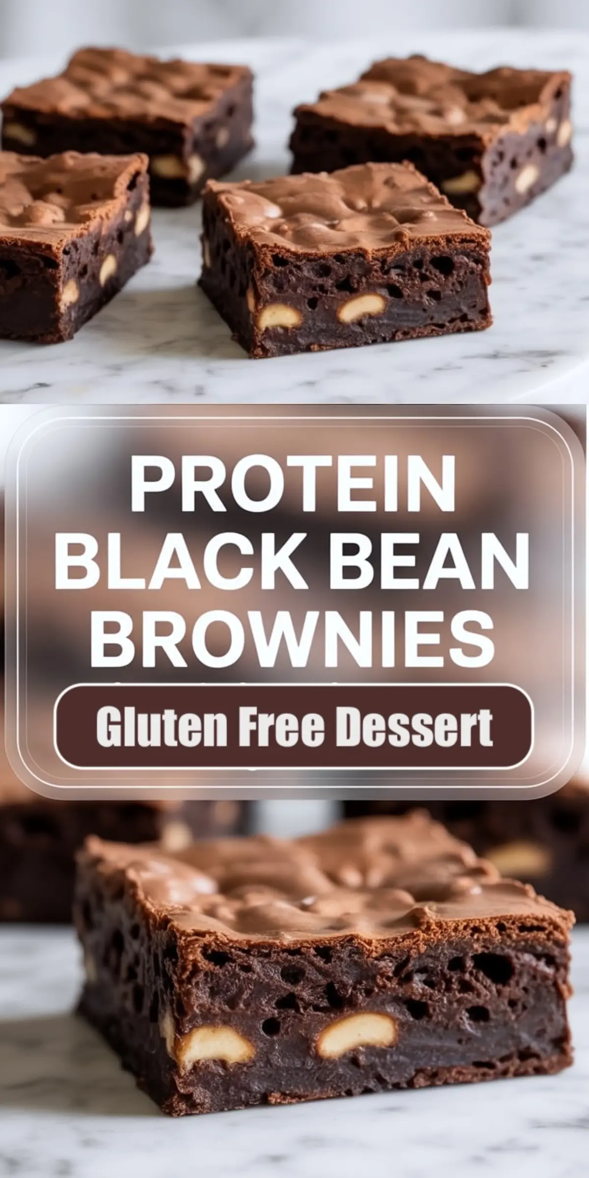 A vertical collage displays sliced black bean brownies with a rich chocolate crumb and visible nut pieces, overlaid text reads protein black bean brownies gluten free dessert.
