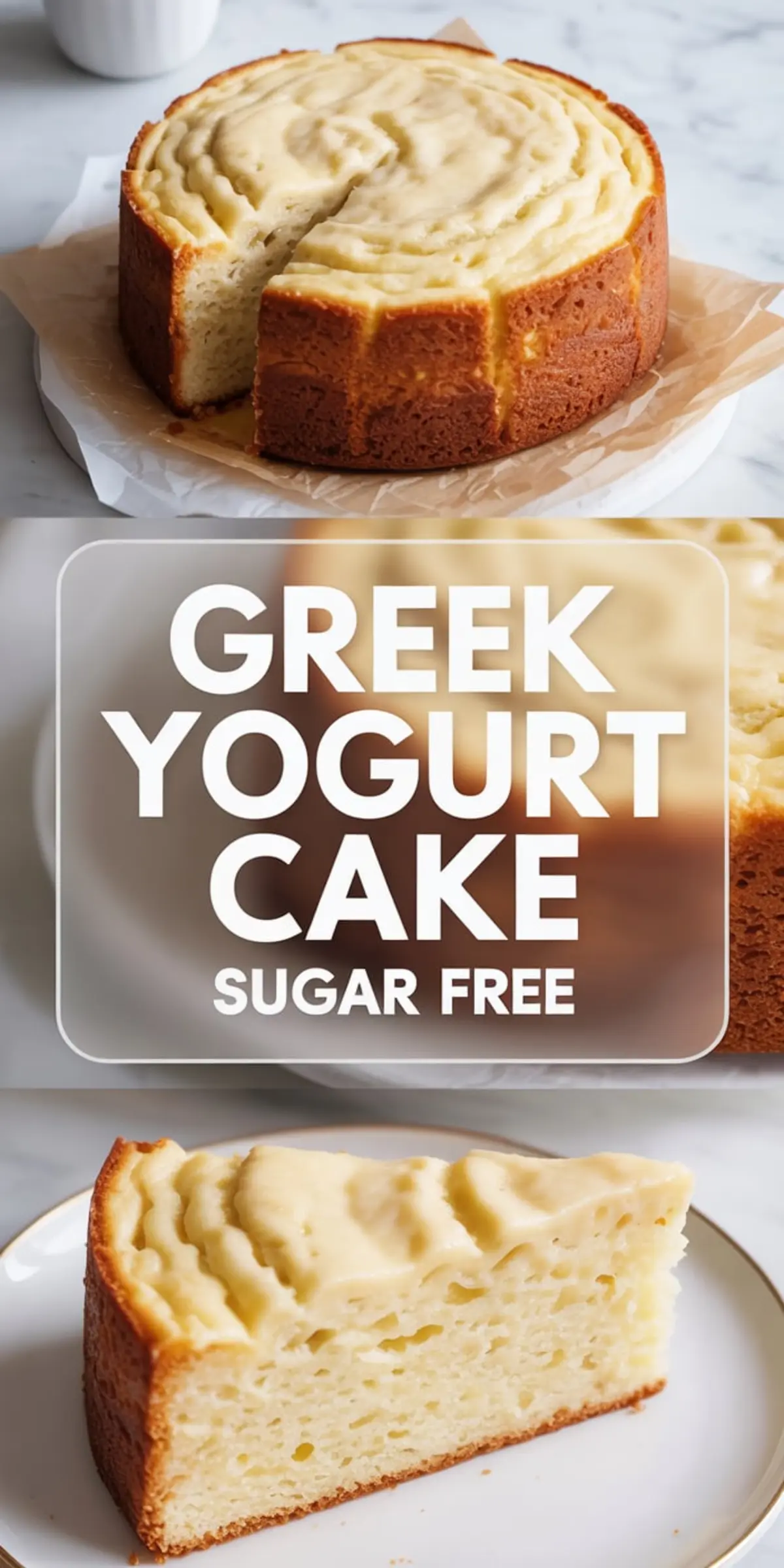 Collage showing a sugar-free Greek yogurt cake with a fluffy texture and golden edges, sliced to reveal a light, moist crumb; bottom image features a single slice on a white plate with creamy top.