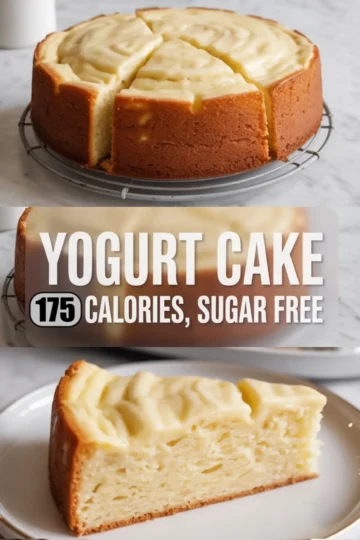 Collage featuring a golden-baked yogurt cake with a soft, pale yellow top; bottom image displays a spongy cake slice on a white plate with visible airy texture and rich color contrast.