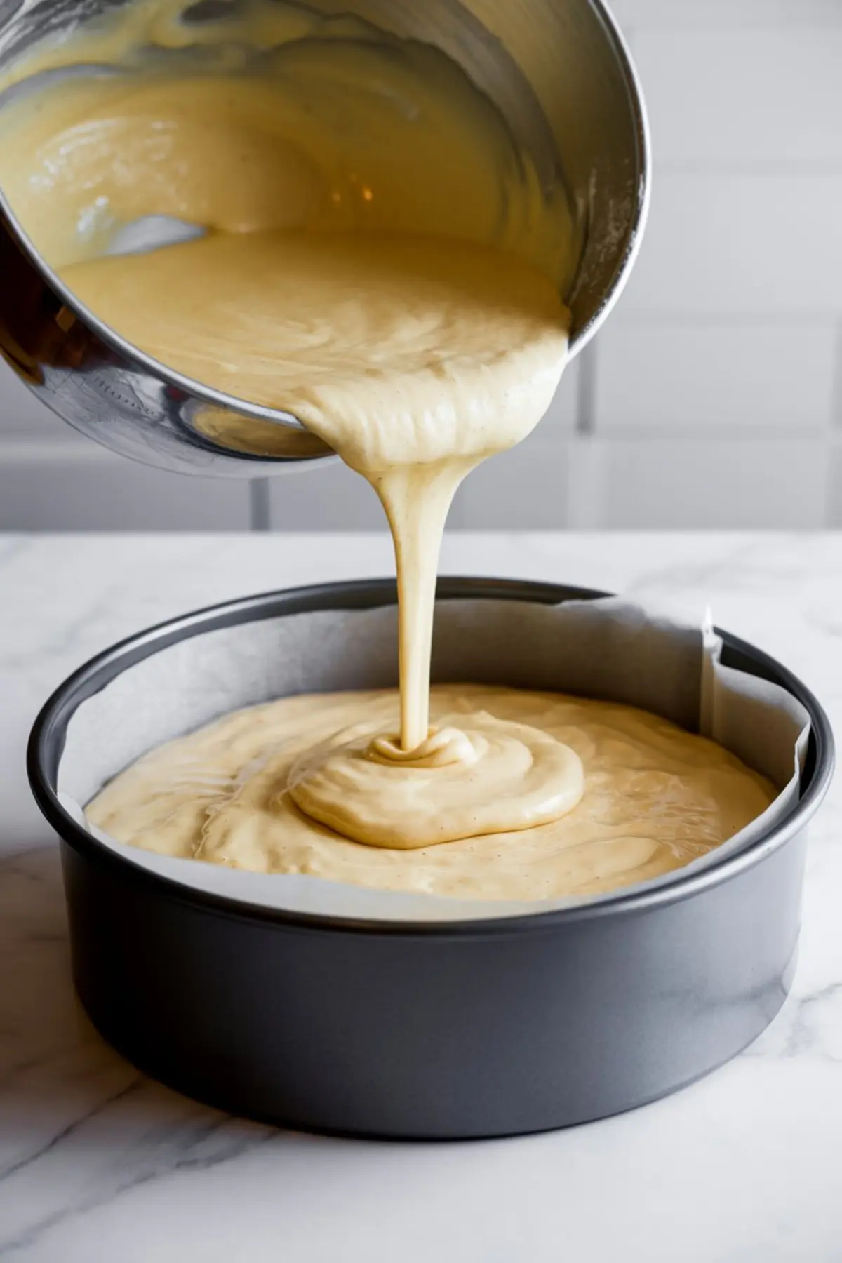 Thick cake batter being poured from a mixing bowl into a parchment-lined springform pan, ready for baking on a marble countertop.