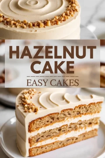 Pinterest collage featuring a top-down view of a frosted hazelnut cake with chopped nuts on top, a centered bold title reading “Hazelnut Cake – Easy Cakes,” and a bottom image showing a layered hazelnut cake slice with visible nut textures and smooth frosting.