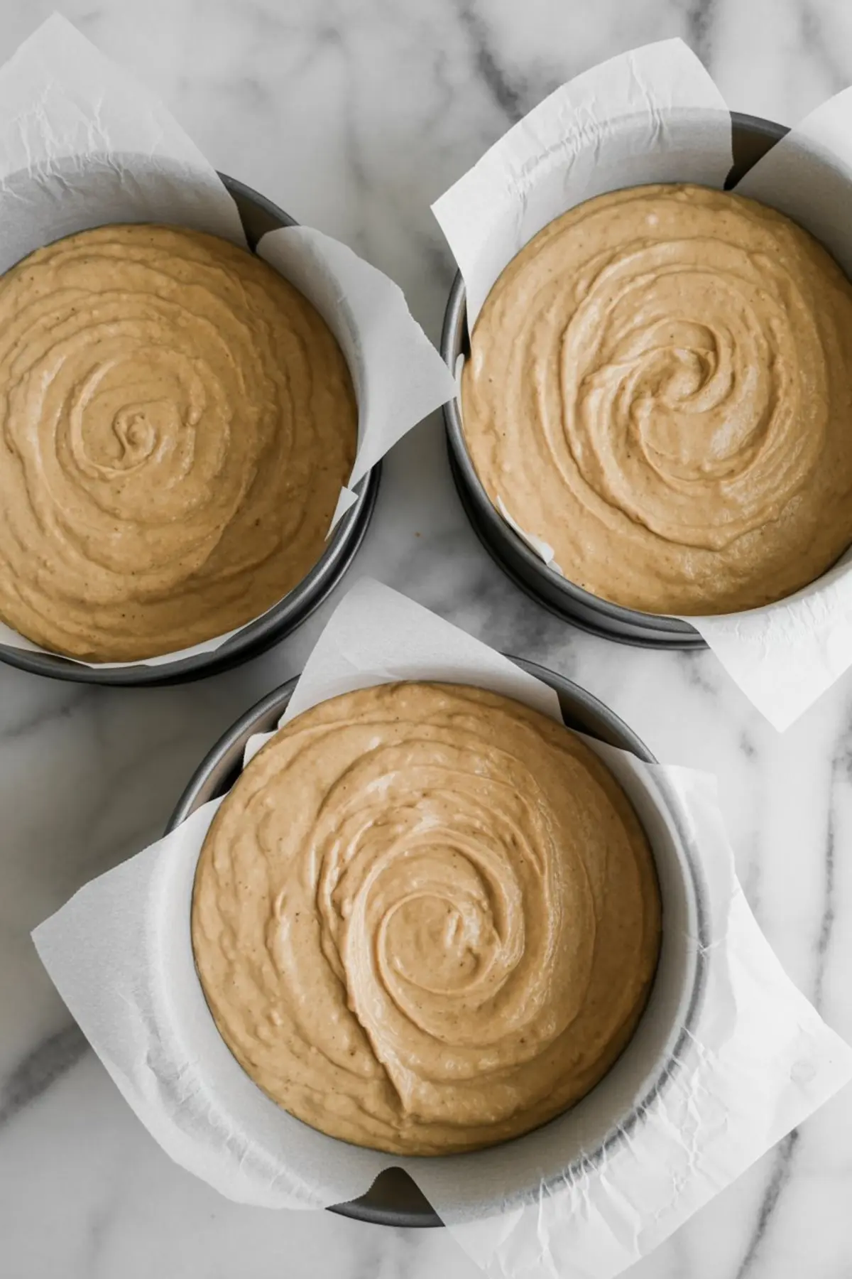 Top-down view of three round cake pans filled with swirled hazelnut cake batter lined with parchment paper, arranged on a marble countertop before baking.
