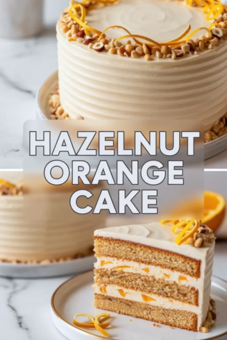 Decorative hazelnut orange cake with a textured buttercream finish, topped with crushed hazelnuts and orange peel spirals. The lower portion displays a slice showing golden hazelnut sponge, orange-infused cream, and visible orange bits.