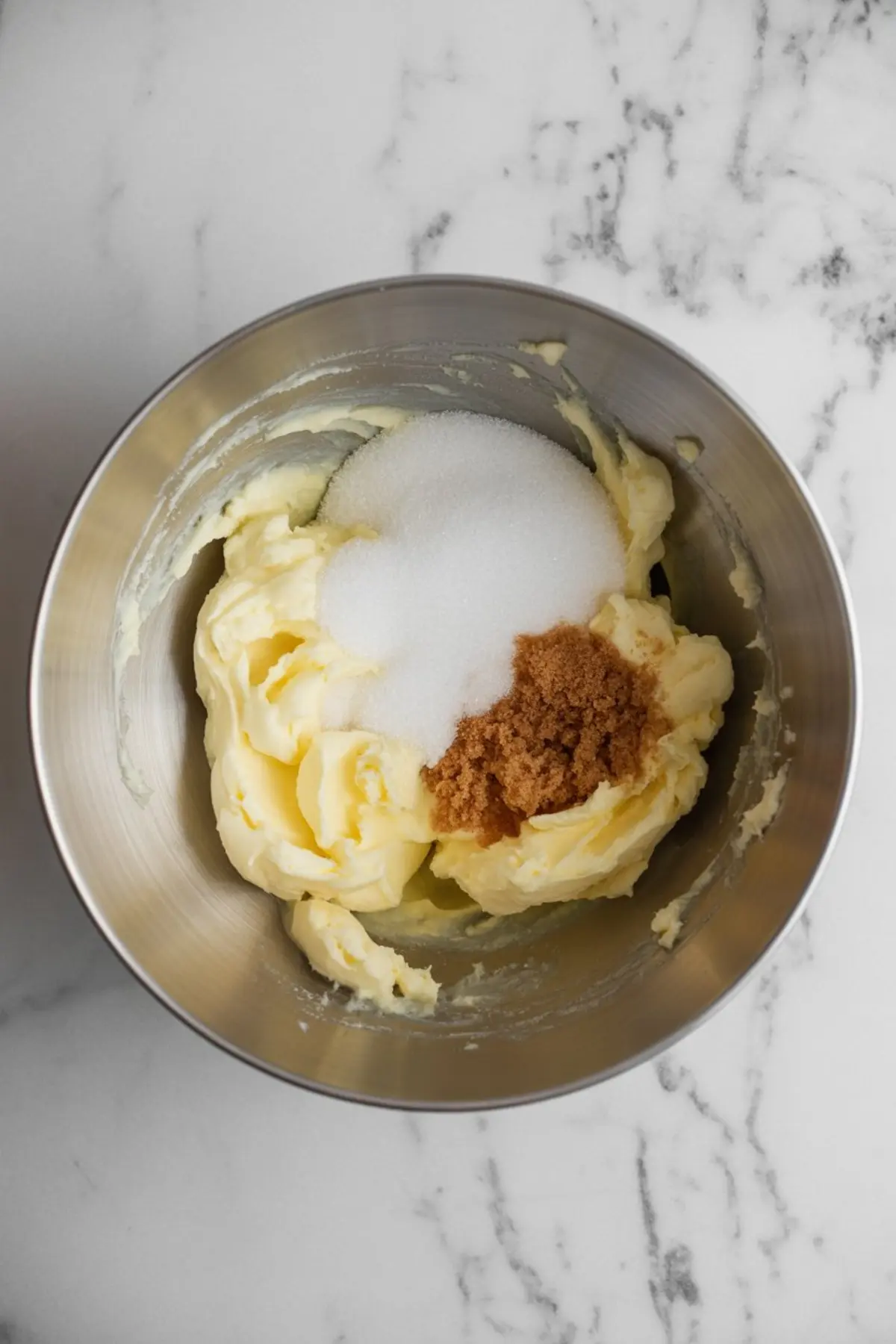 Stainless steel mixing bowl with softened butter, white sugar, and brown sugar on a marble counter, prepared for hazelnut orange cake batter.