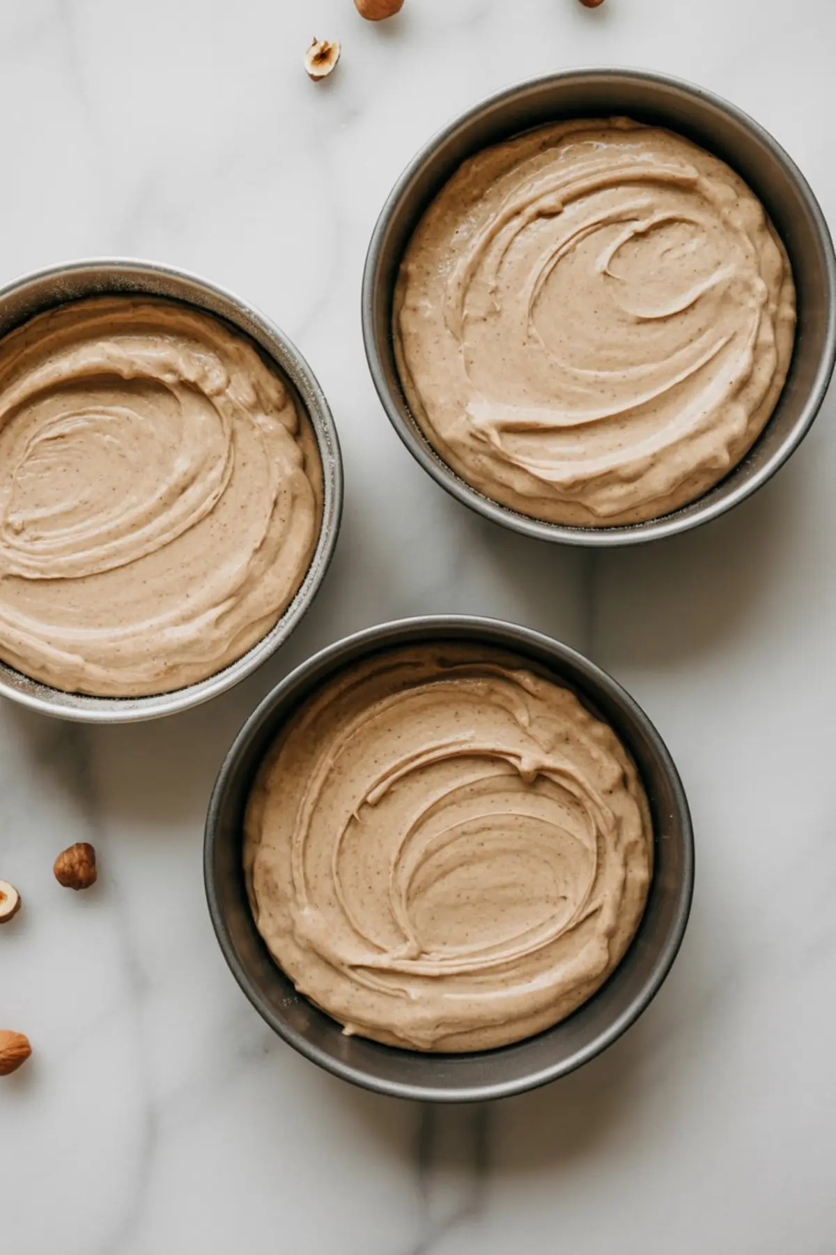 Three round cake pans filled with hazelnut cake batter, showing smooth swirled surfaces ready for baking on a marble background with scattered hazelnuts.