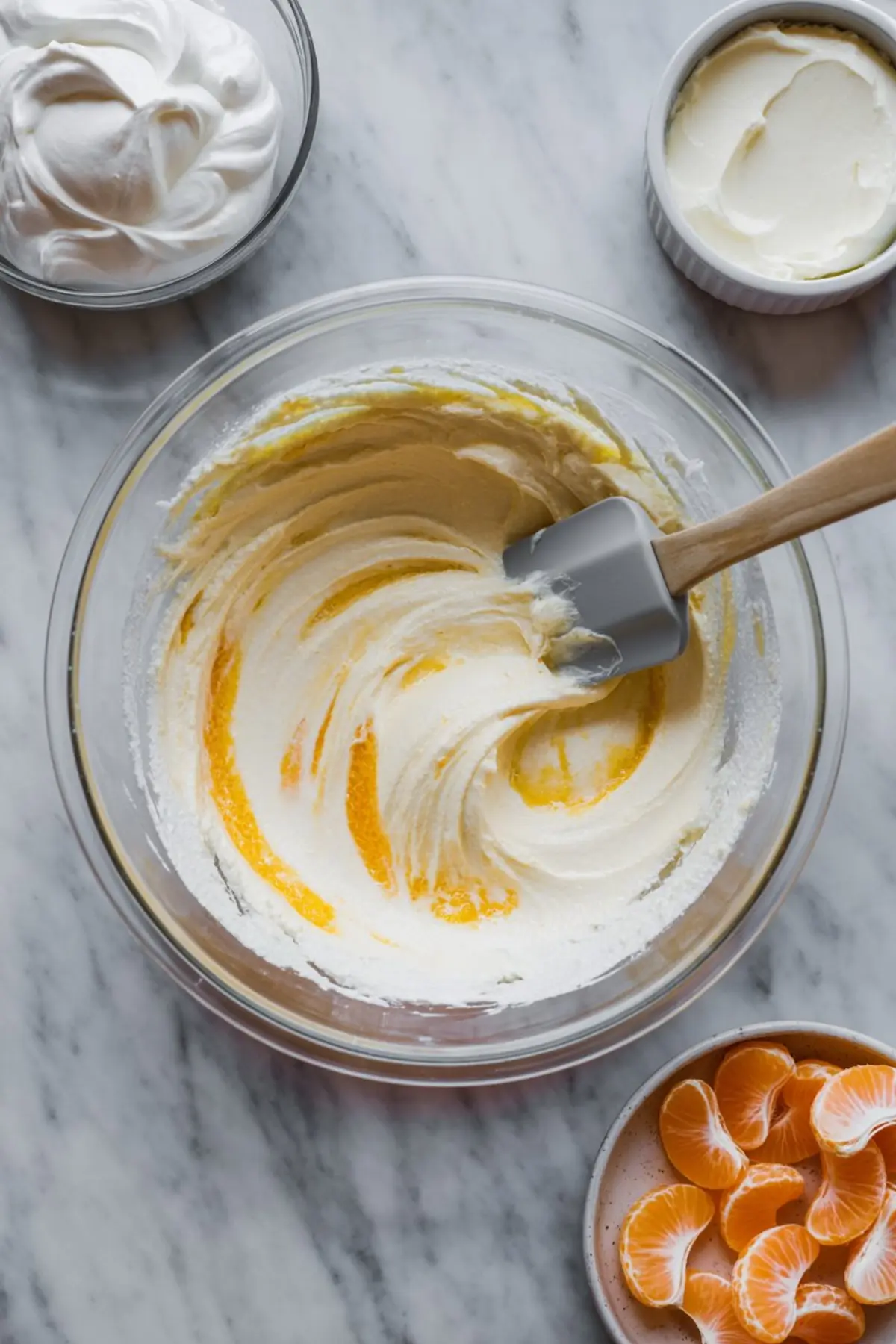 Mixing bowl with whipped cream and orange segments blended into frosting, with nearby bowls of whipped topping and fresh mandarin slices on a marble surface.