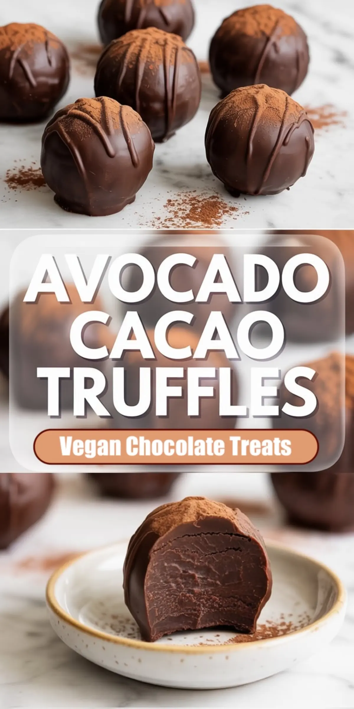 Avocado cacao truffles shown on marble with cocoa-coated chocolate balls and a sliced truffle on a plate, presented as vegan chocolate treats with a dense chocolate avocado filling.
