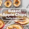Baked apple rings displayed on a wire rack with visible cinnamon dusting, highlighting the natural texture and golden color. The text focuses on sweet, healthy snacks made from oven-baked apples.