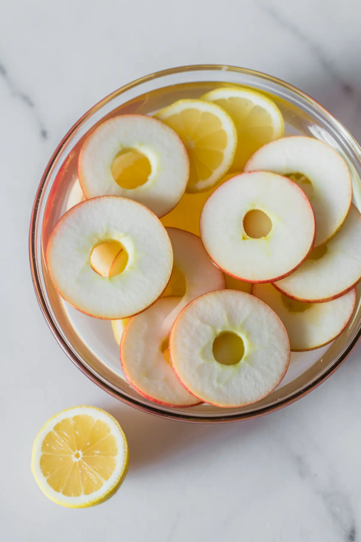Thin red apple slices with cores removed soaking in a glass bowl filled with lemon water and floating lemon slices, showing a step for preventing browning before baking.
