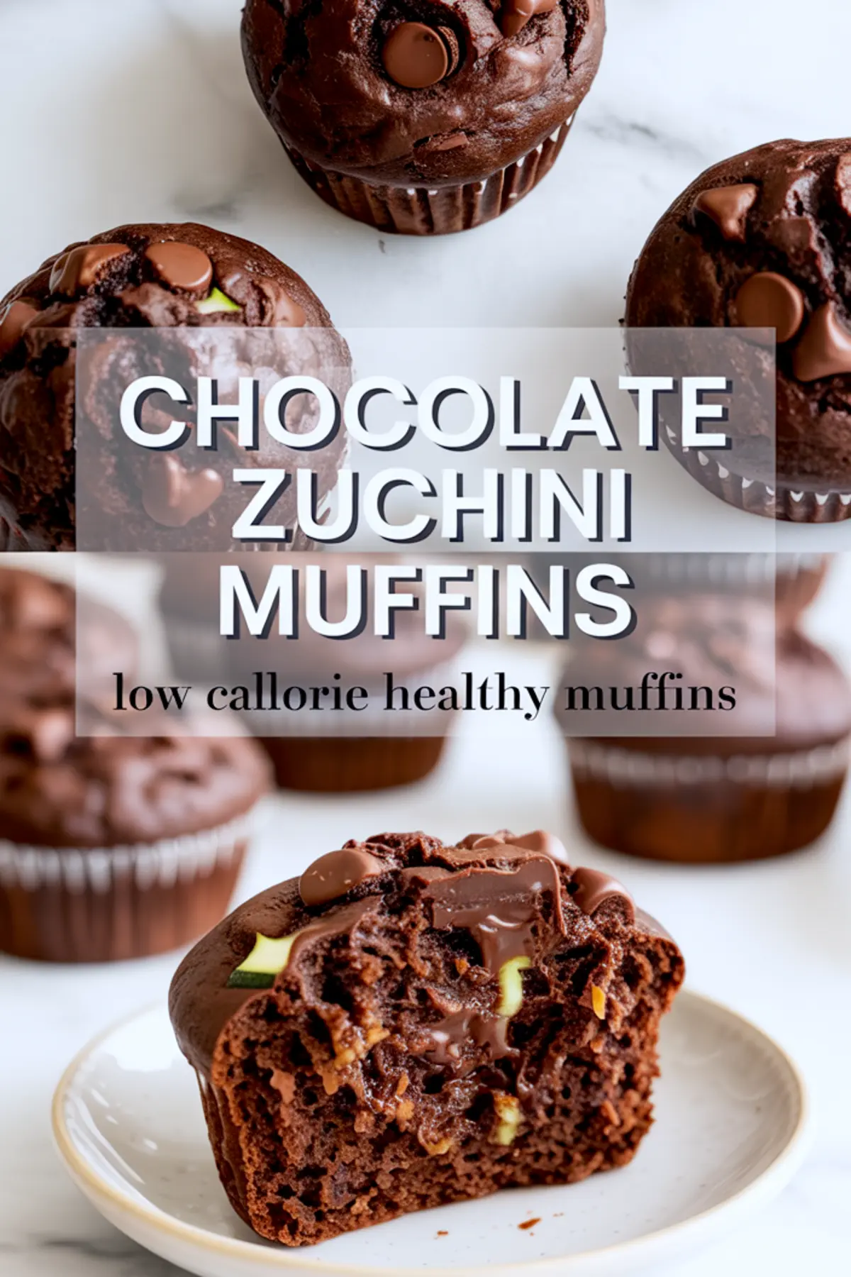 Collage showing chocolate zucchini muffins with a bold text overlay reading “Chocolate Zuchini Muffins – low calorie healthy muffins,” and a close-up of a halved muffin revealing melted chocolate and shredded zucchini inside.
